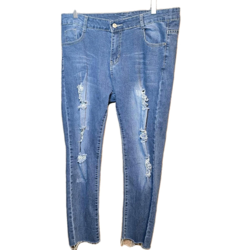 Royalty For Me Women's Sz 14 High Rise‎ Distressed Jeans Raw Hem Blue Denim